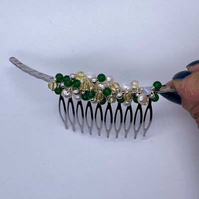Green clachedony, citrines, opales, silver wire and freshwater pearls on french twist 10 teeths comb alloy metal bridal wedding hair side comb silver color