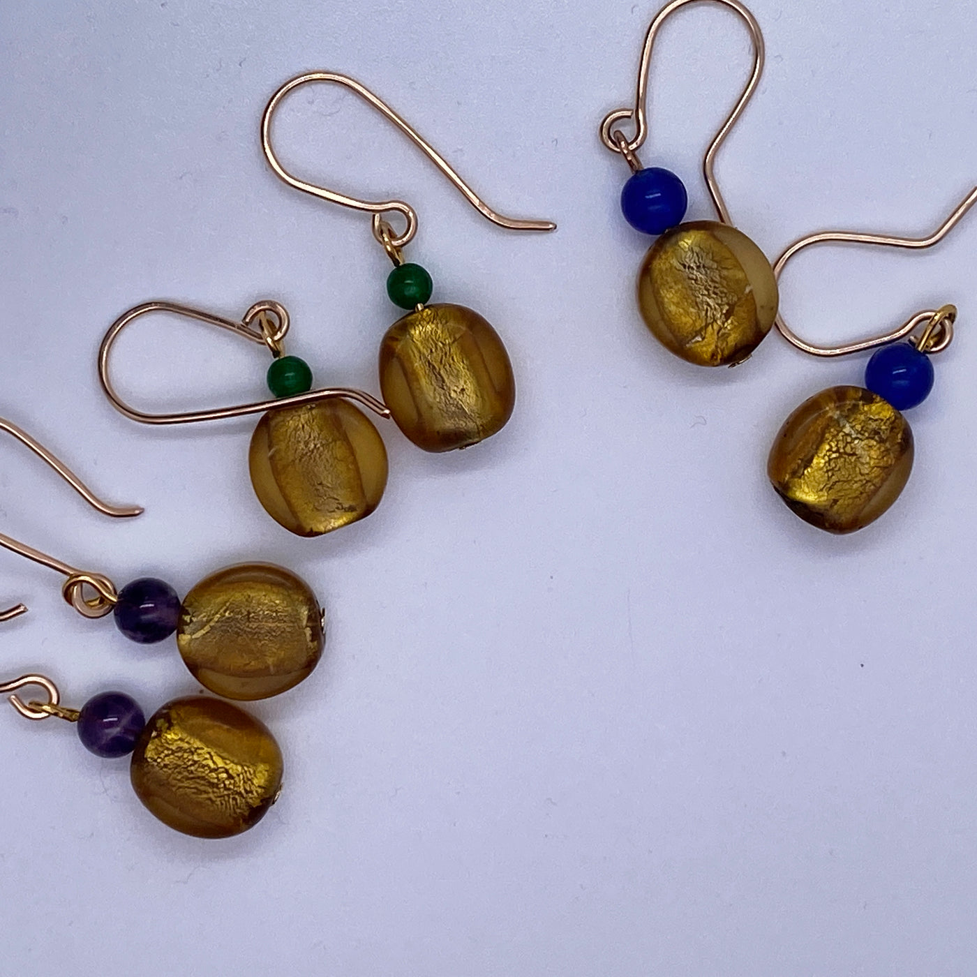 Golden glass beads and blue calchedony earring