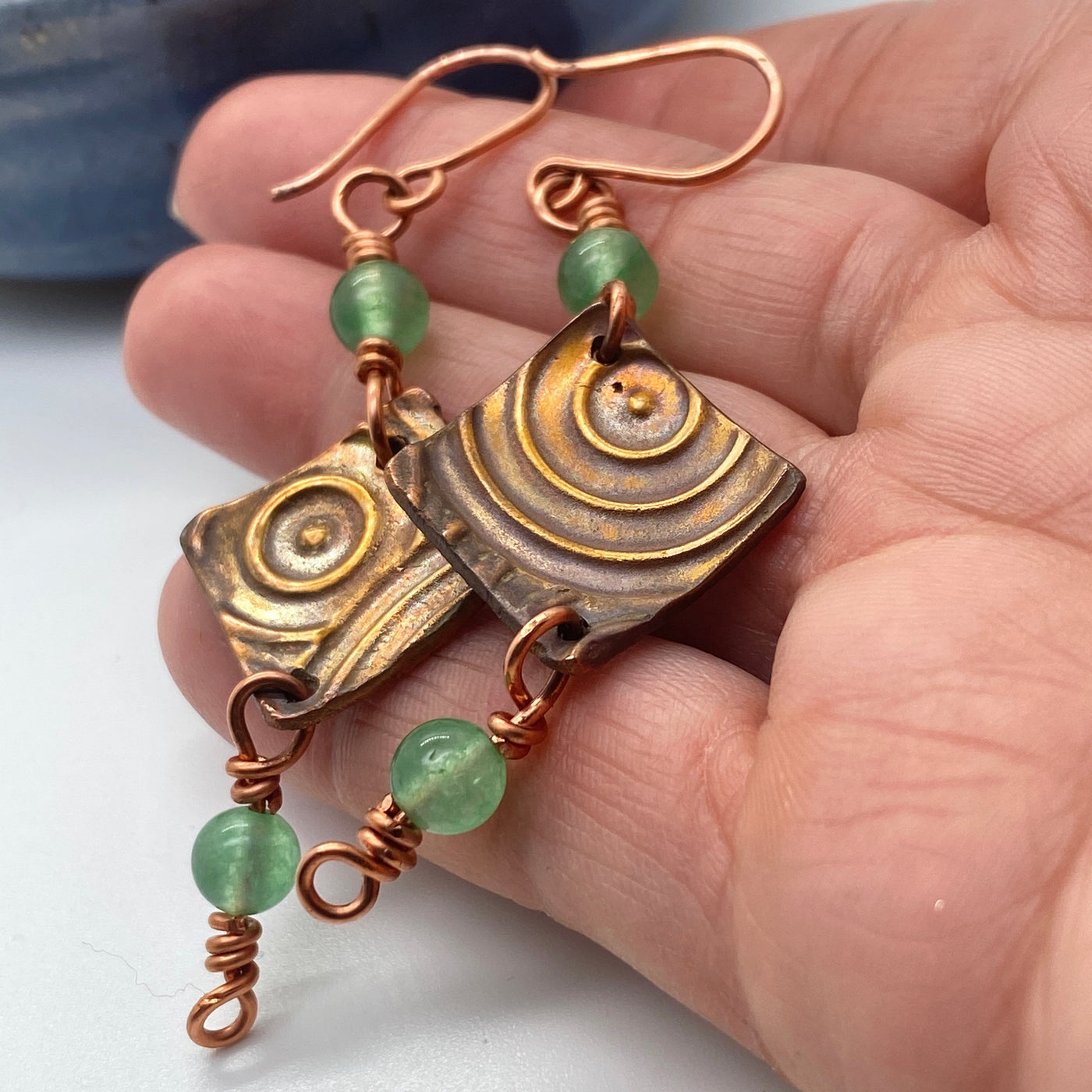 Bronze hand made teals and aventurine in wire earrings