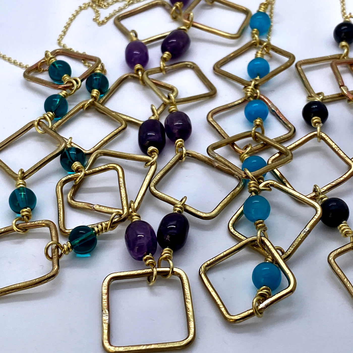 Handmade brass squares with sky blue round glass- long  necklace
