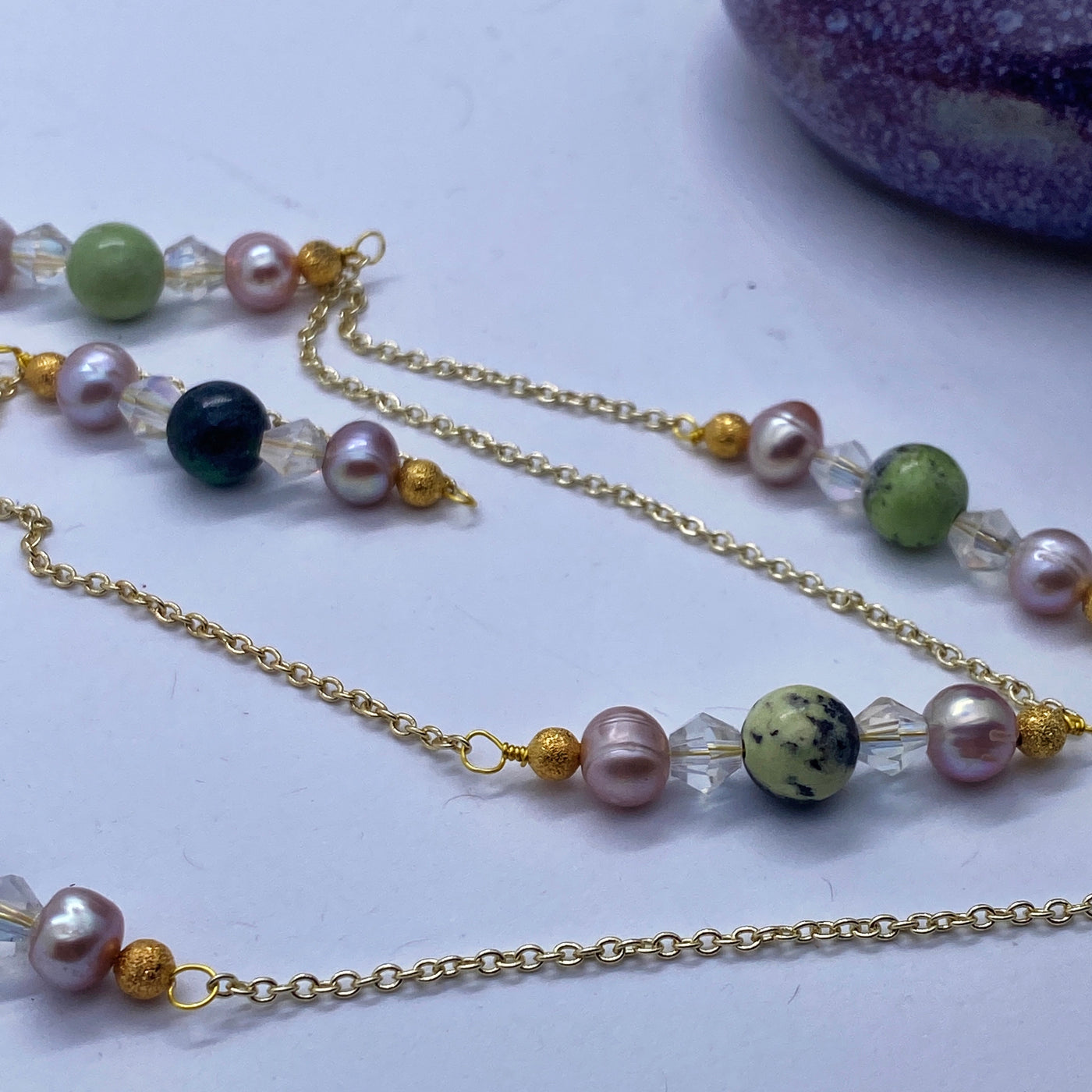 Yellow/green turquoise, freshwater pearls and crystals bycones on brass chain
