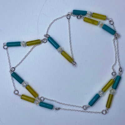 Olive jade and turquoise tubes with crystal bycone 6 mm necklace