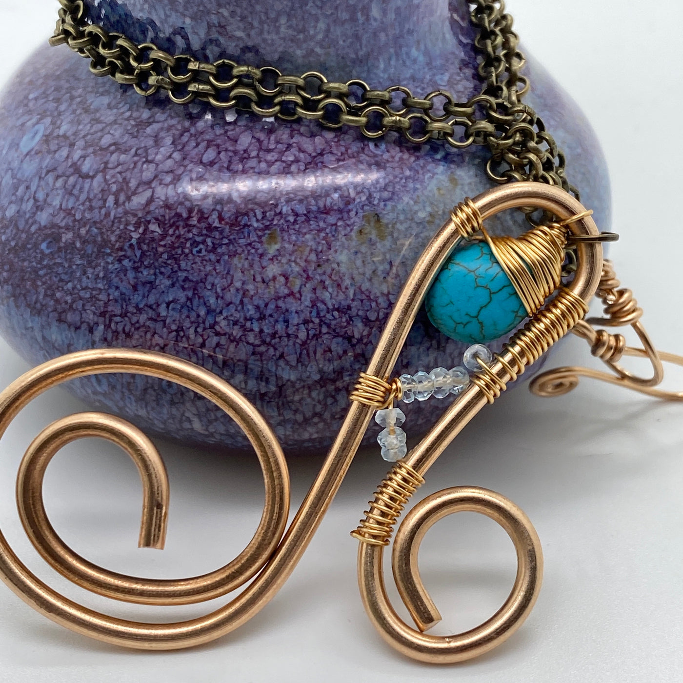 Large bronze wire and turquoise pendant