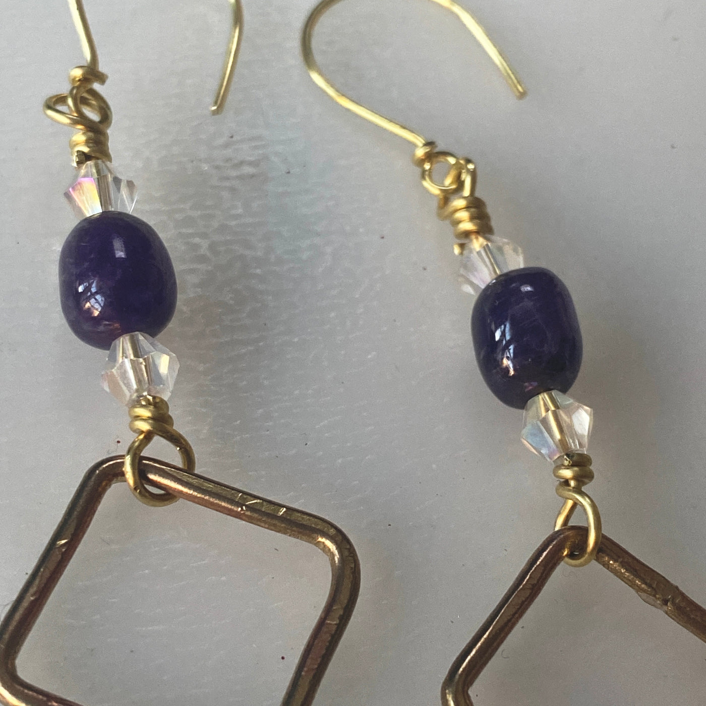 Handmade brass squares with amethyst and Chrystal's earrings 9 cm long