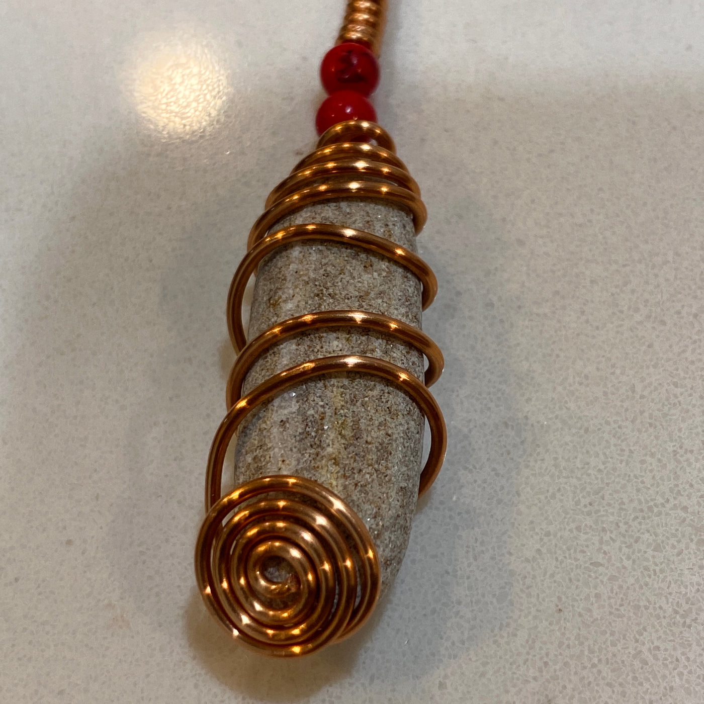 White natural stones, carnelian and wire. Small pendant, medium length.