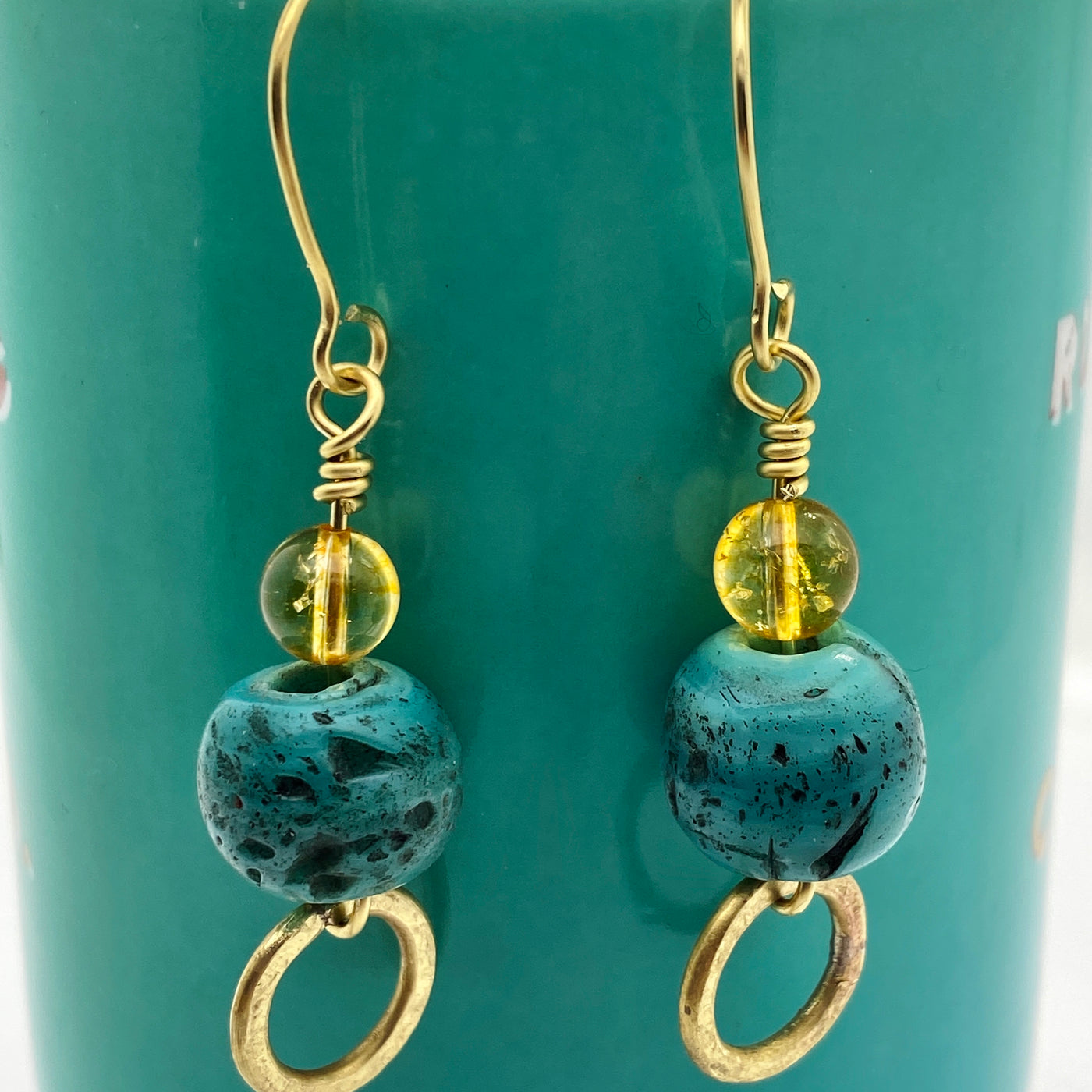 Brass circles, turquoise and citrine earrings