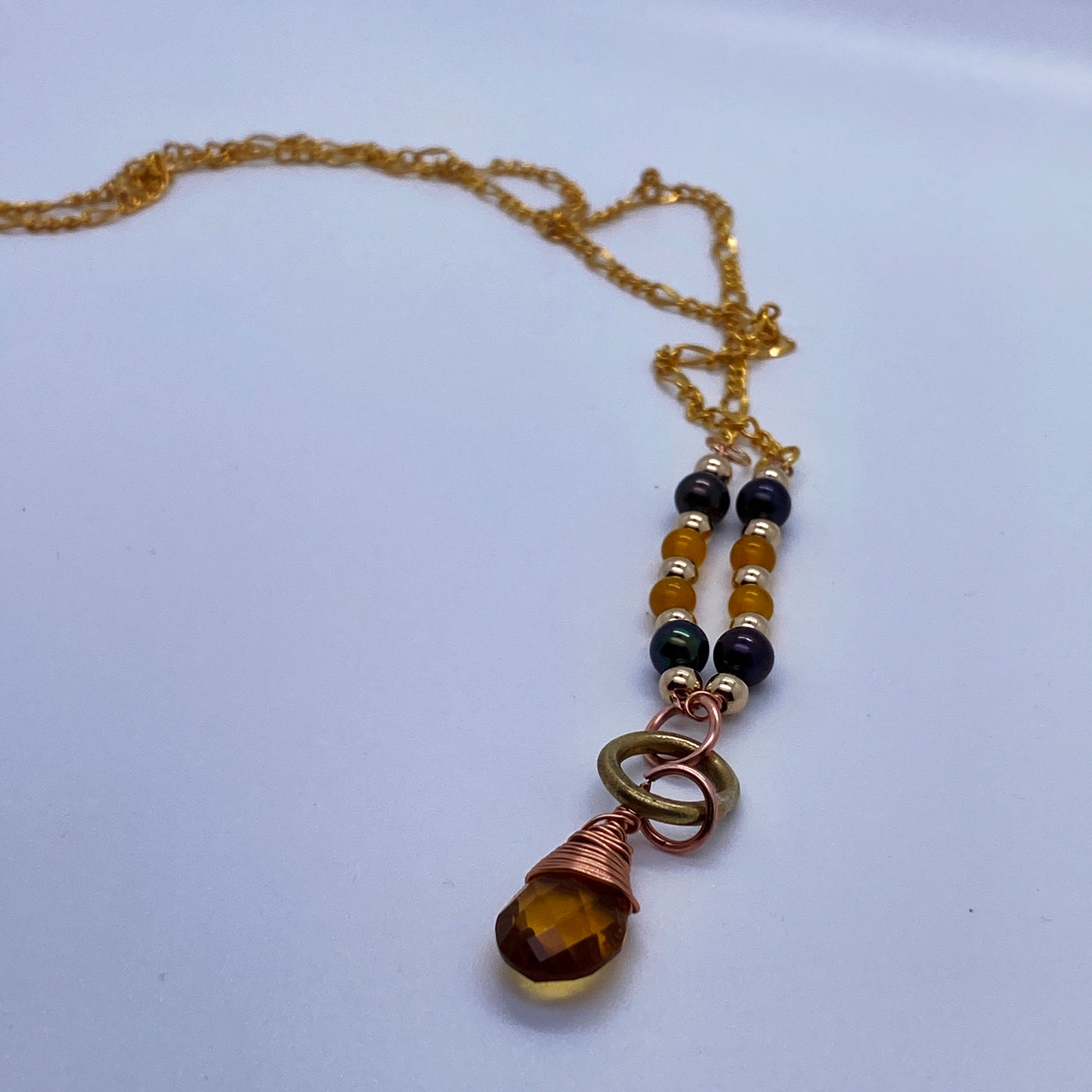 Ravens’ wing pearls, yellow agate and citrine briolette pendant