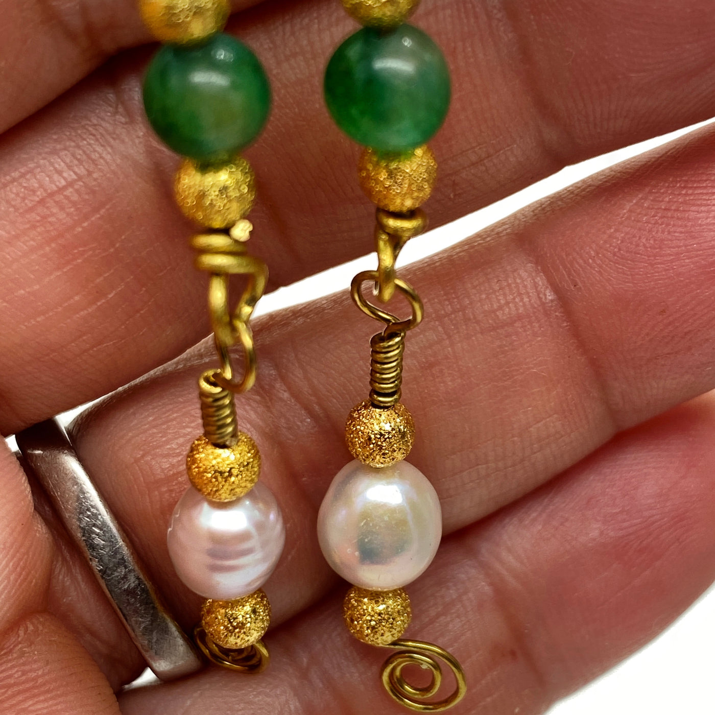 Brass, freshwater pearls and green giada earrings
