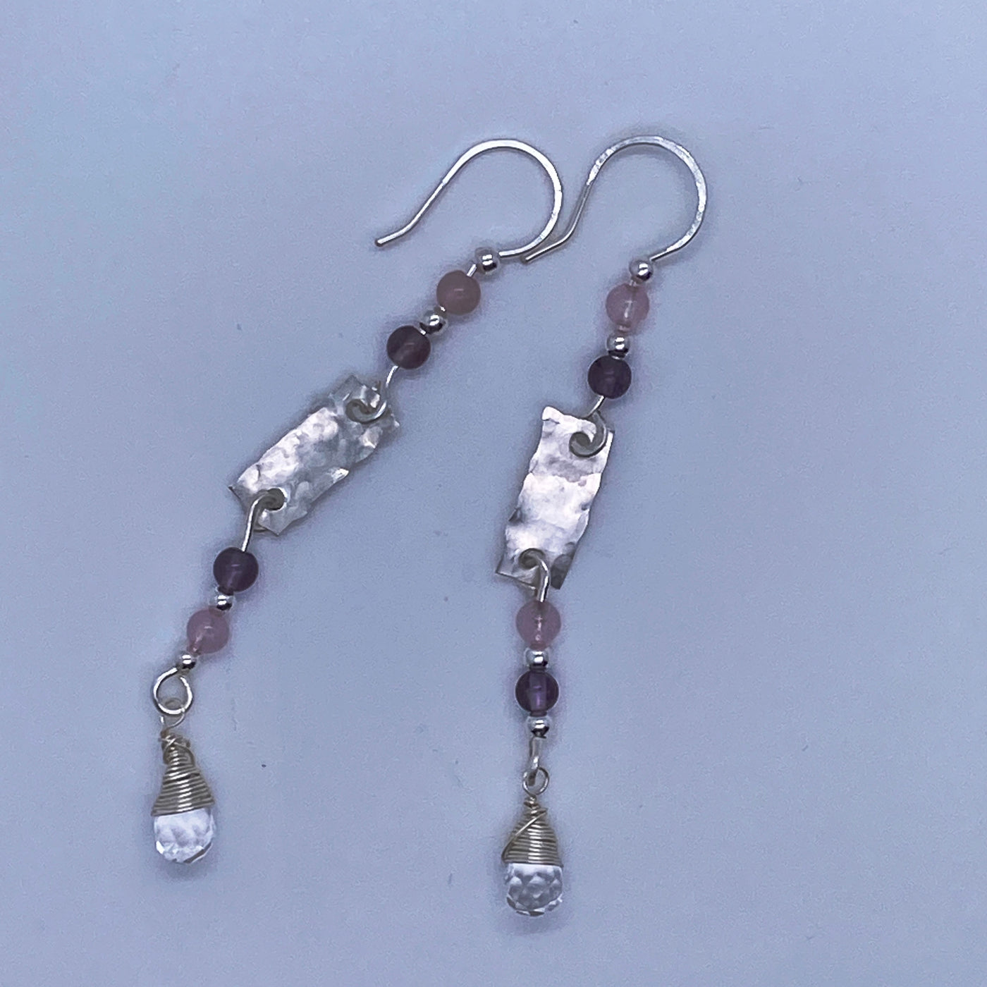 Silver earrings with amethyst, rose quartz and Chrystal briolette.