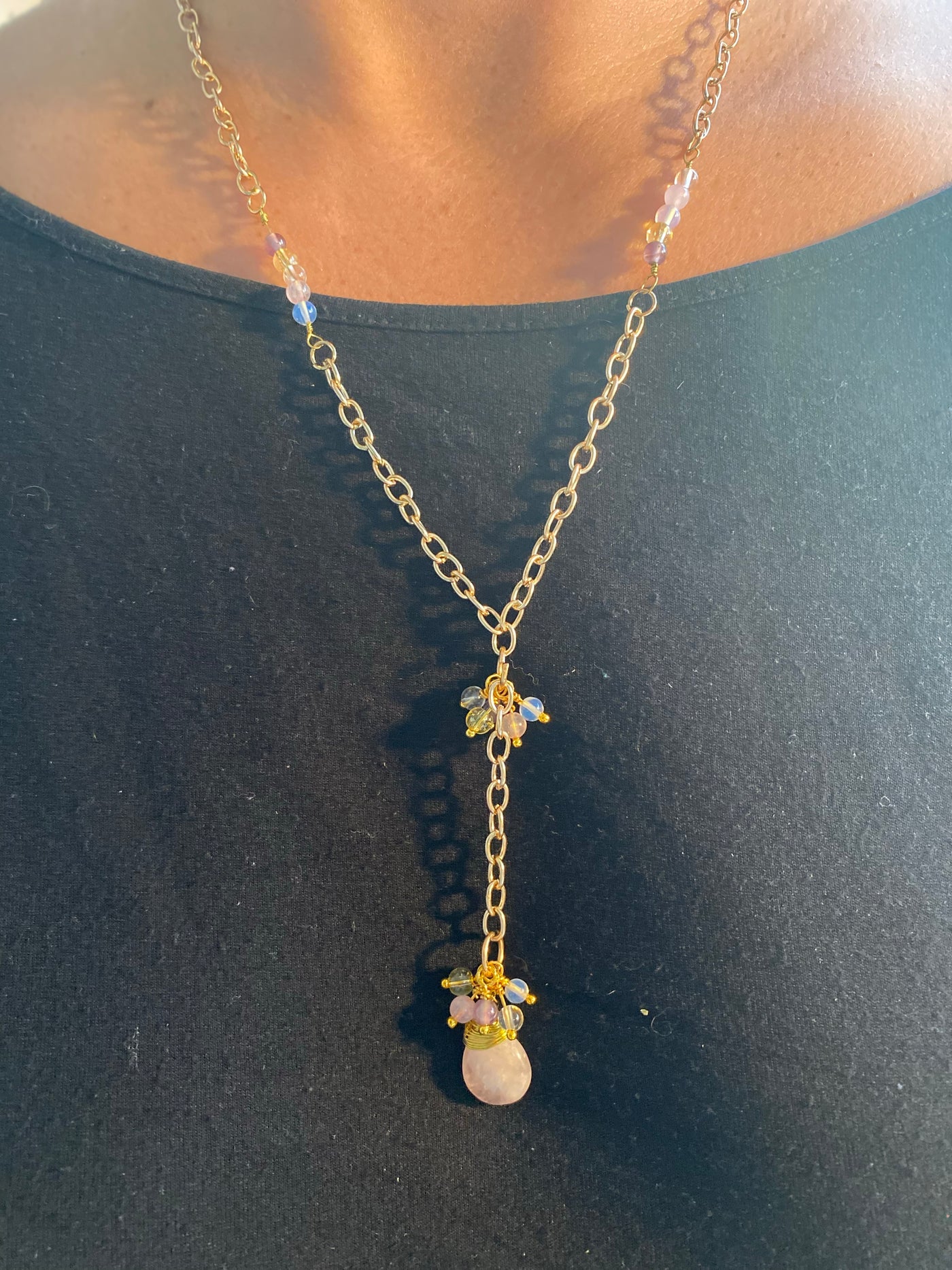 Necklace: Cherry blossom rose quartz, citrina amethyst, opalyte and white quartz in copper wire