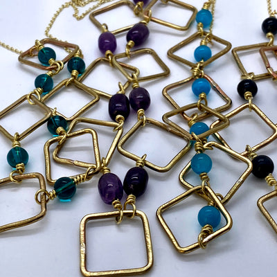 Handmade brass squares with ocean blue round glass-  necklace