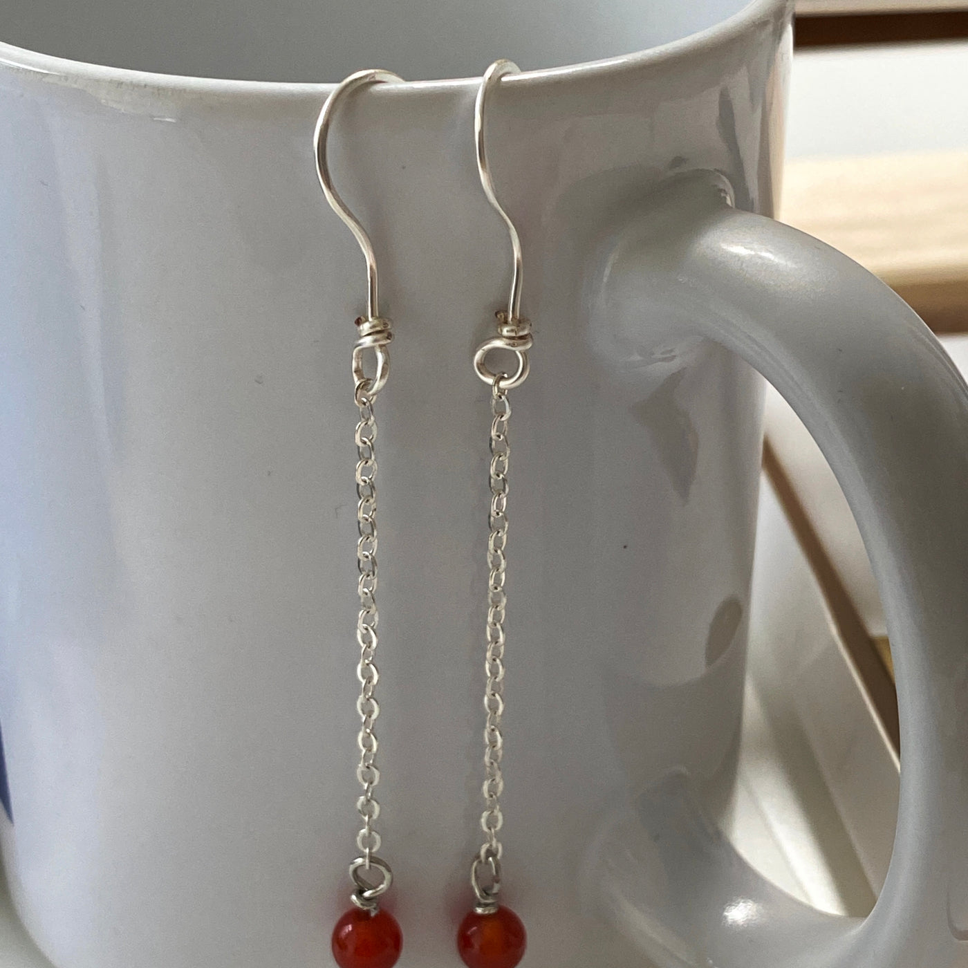 Silver chain and red agate earrings