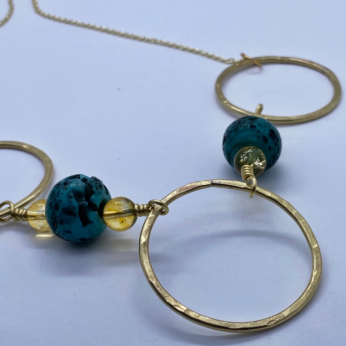 Brass circles, turquoise and citrine necklace with brass chain