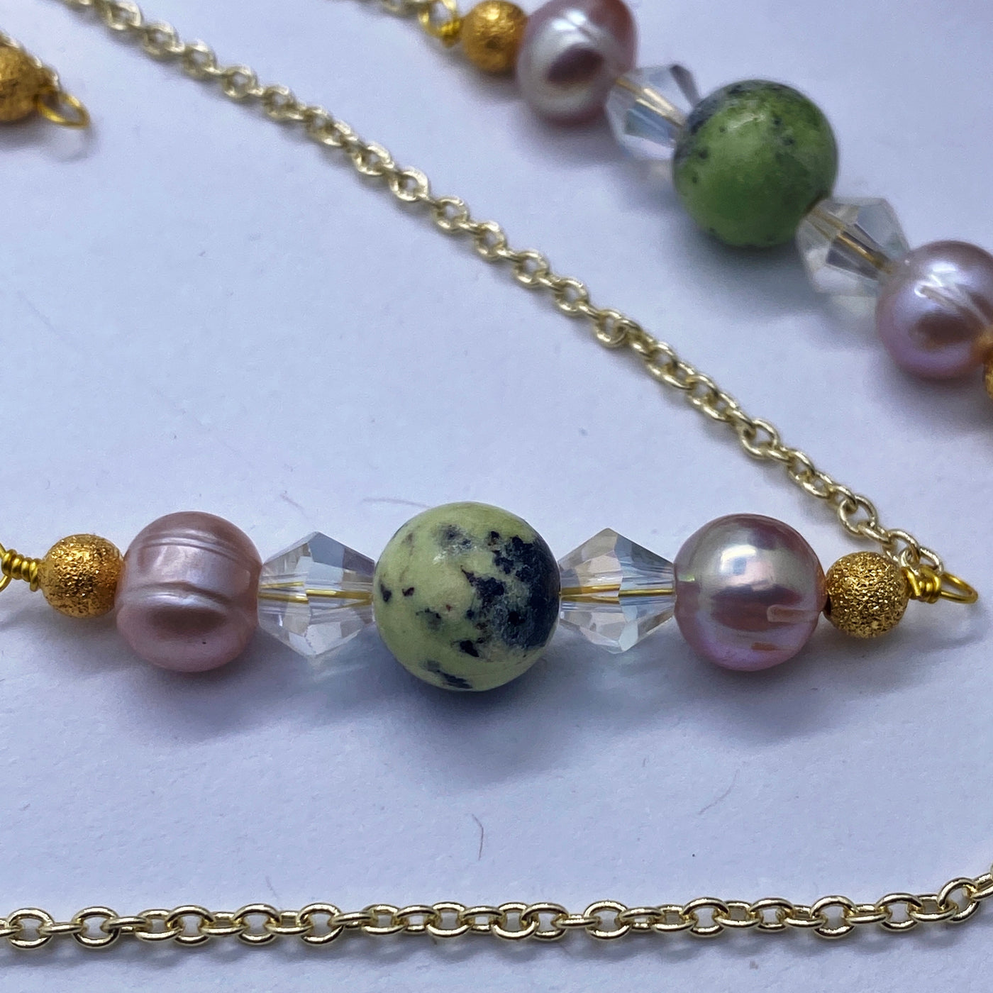 Yellow/green turquoise, freshwater pearls and crystals bycones on brass chain