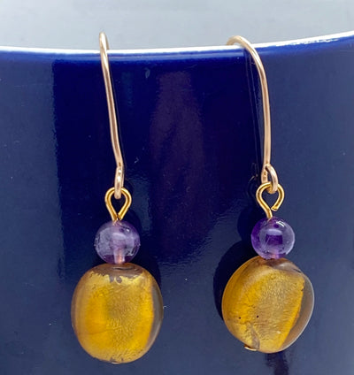 Golden glass beads and amethyst earring